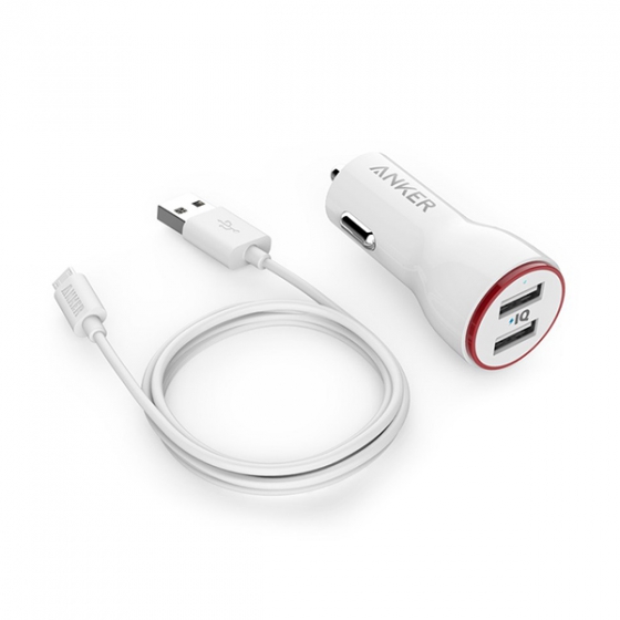  +  Anker PowerDrive 2 &amp; Micro USB Cable 24W 2.4A/2USB/90 . White  B2310H21