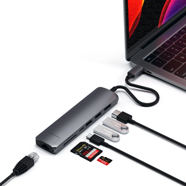 USB-C  Satechi USB-C Slim Multiport with Ethernet Adapter PD 2USB/1USB-C/1HDMI 4K 30Hz/1Ethernet Space Gray - ST-UCSMA3M