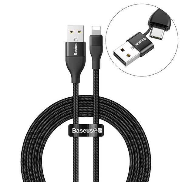   Baseus Nylon Braided 2-in-1 Dual Output USB to USB/USB-C Cable 1  Black  CATLYW-G01