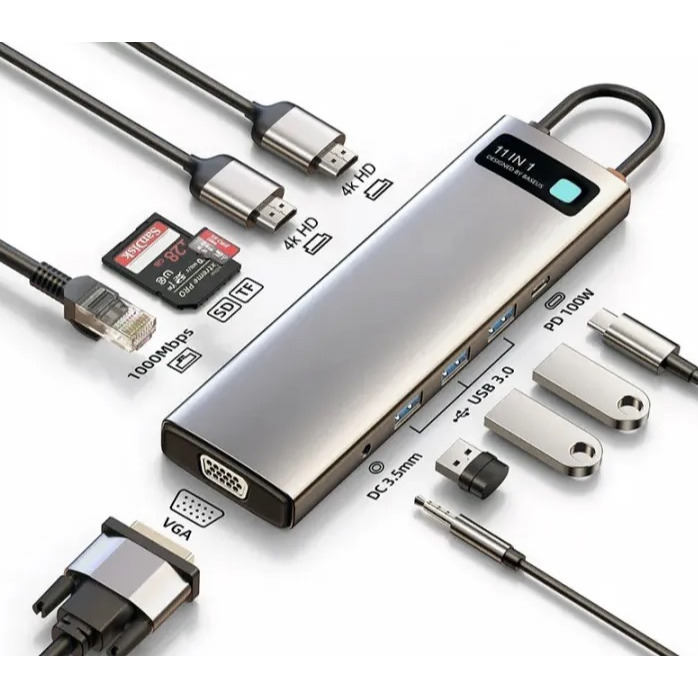 USB-C  Baseus Metal Gleam Series 11-in-1 Multifunctional HUB PD 100W SD/Micro SD 3USB/1USB-C/1x3.5mm/2HDMI 4K 30Hz/VGA/1Ethernet - CAHUB-CT0G