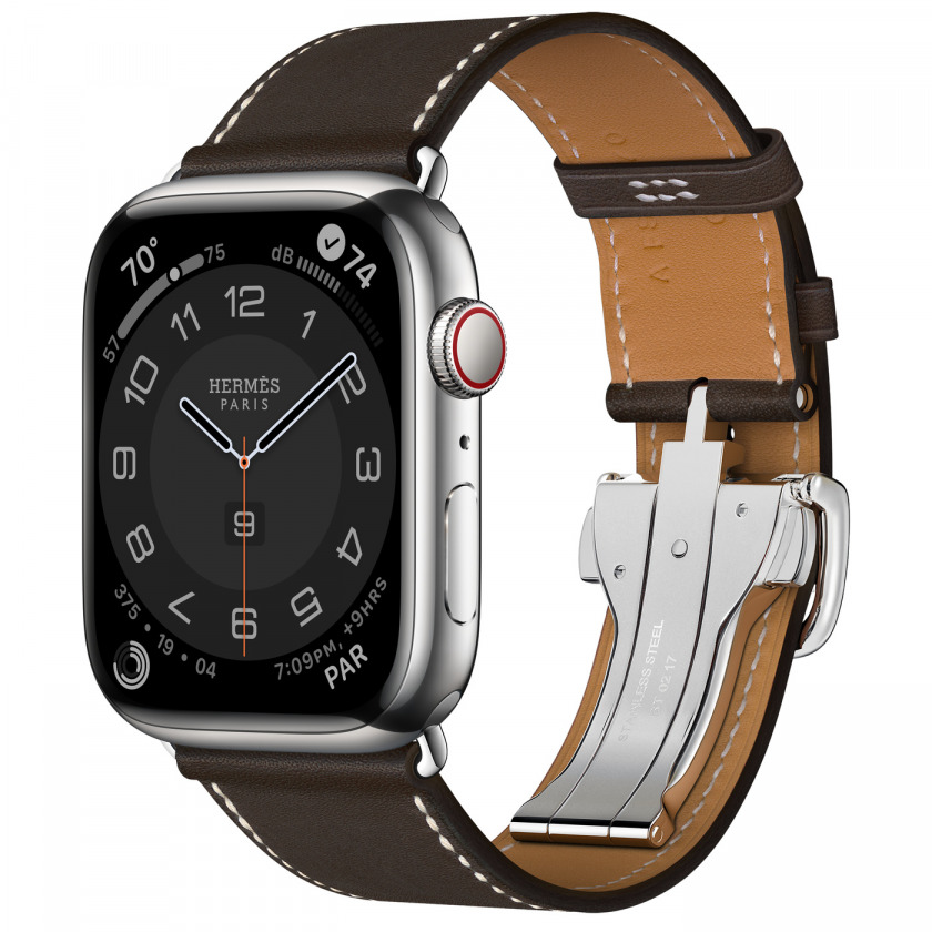 - Apple Watch Hermes Series 8 GPS + Cellular 45mm Silver Stainless Steel Case with Ebony Single Tour Deployment Buckle / 