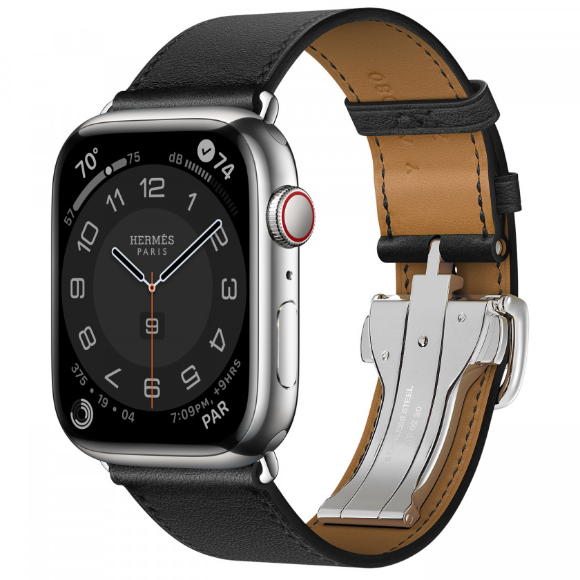 - Apple Watch Hermes Series 8 GPS + Cellular 45mm Silver Stainless Steel Case with Noir Single Tour Deployment Buckle /