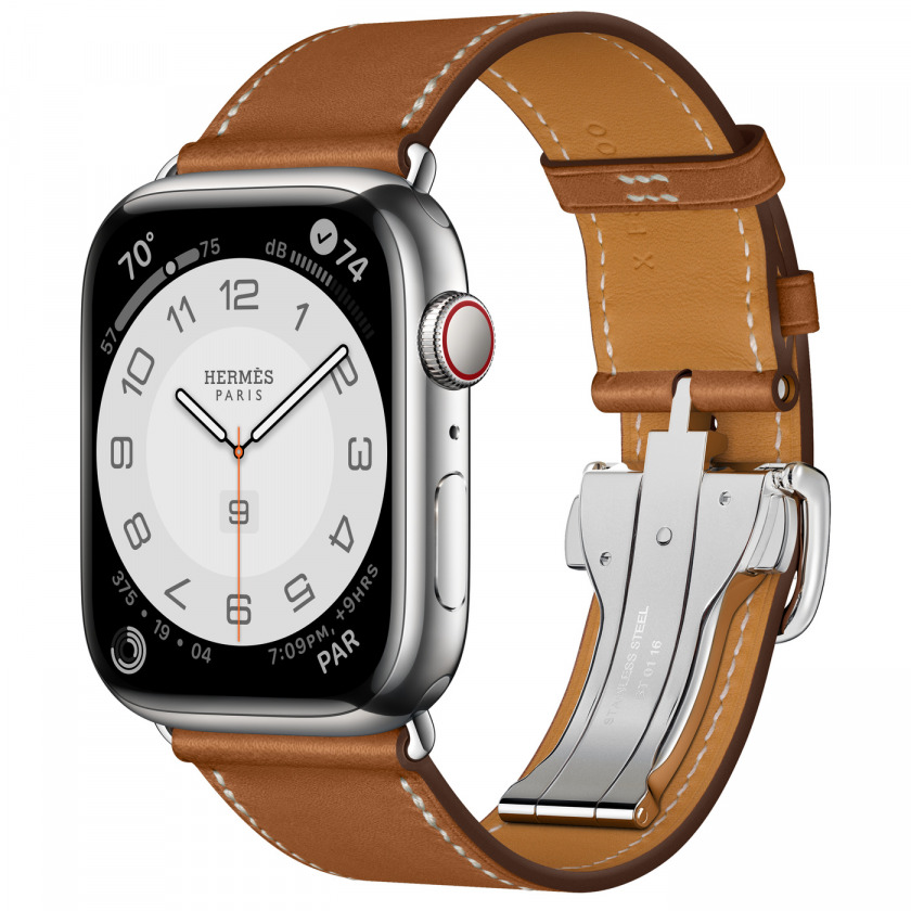 - Apple Watch Hermes Series 8 GPS + Cellular 45mm Silver Stainless Steel Case with Fauve Single Tour Deployment Buckle /
