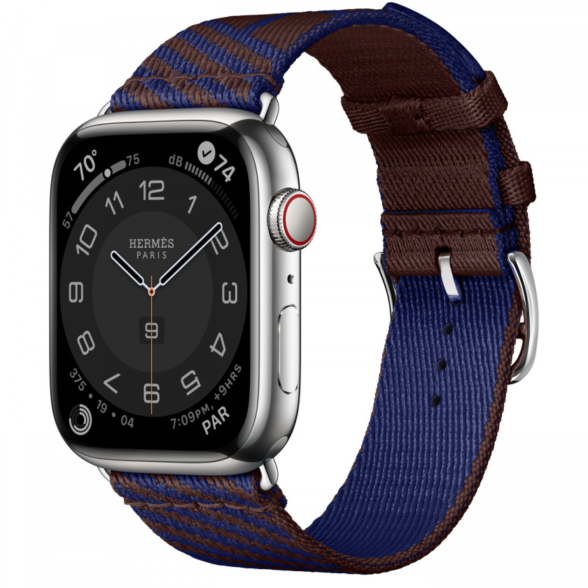 - Apple Watch Hermes Series 8 GPS + Cellular 45mm Silver Stainless Steel Case with Rouge Sellier/Bleu Saphir Jumping Single Tour /