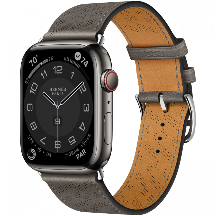 - Apple Watch Hermes Series 8 GPS + Cellular 45mm Space Black Stainless Steel Case with Gris Meyer H Diagonal Single Tour 