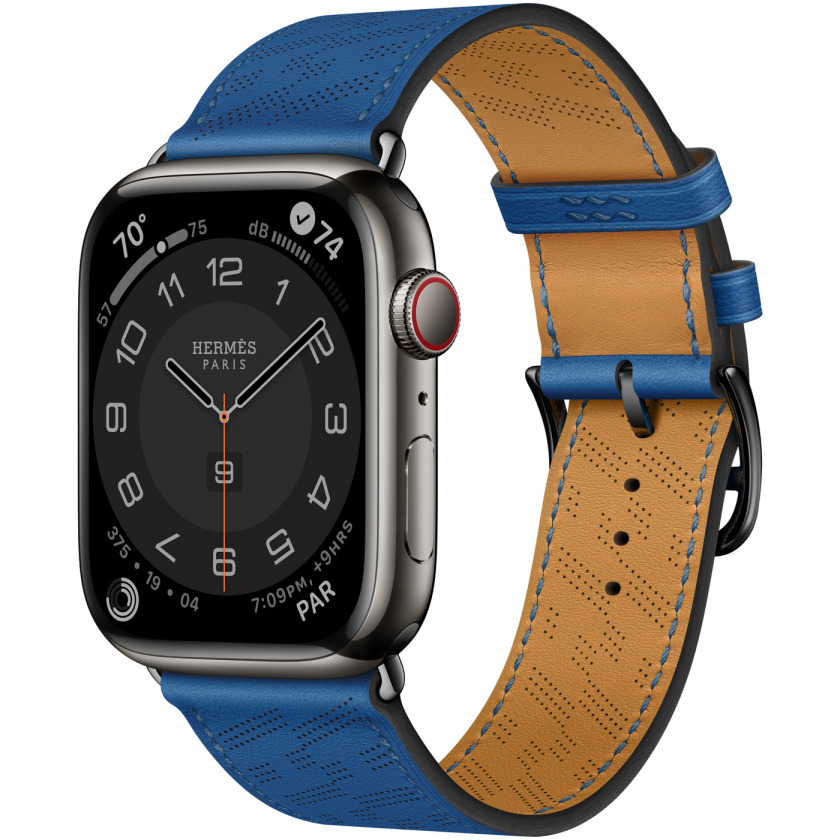 - Apple Watch Hermes Series 8 GPS + Cellular 45mm Space Black Stainless Steel Case with Bleu de France H Diagonal Single Tour -/