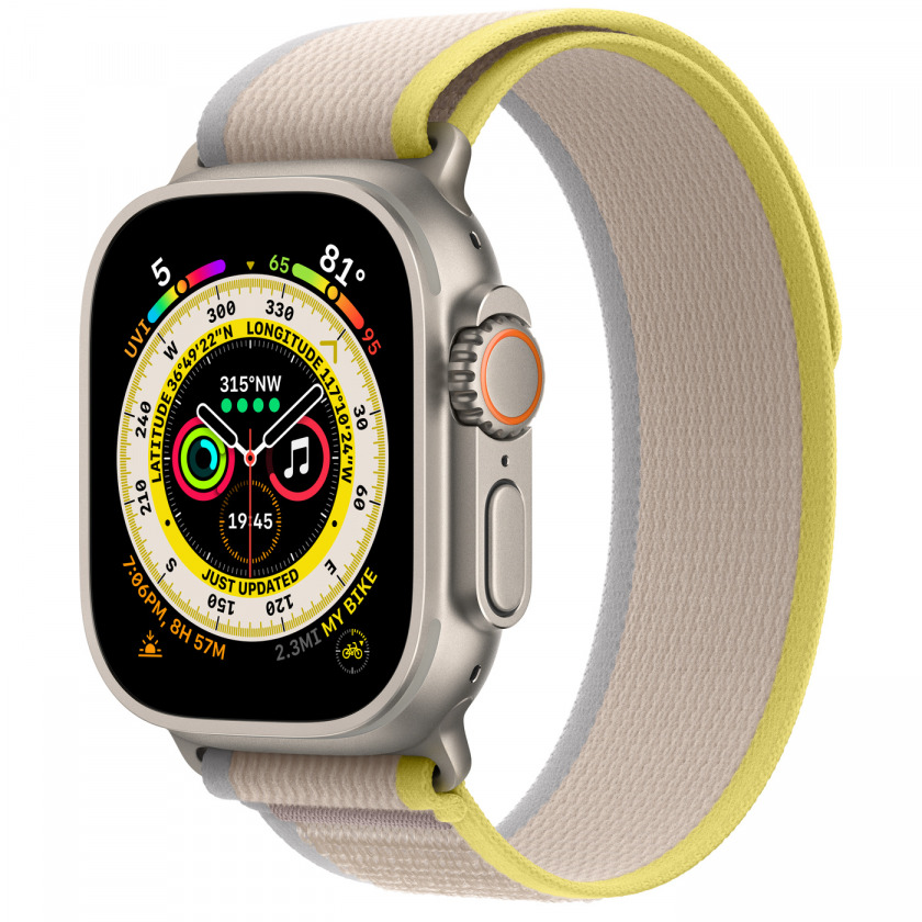 - Apple Watch Ultra GPS + Cellular 49mm Titanium Case with Yellow/Beige Trail Loop M/L 145 - 220 mm // MQFE3