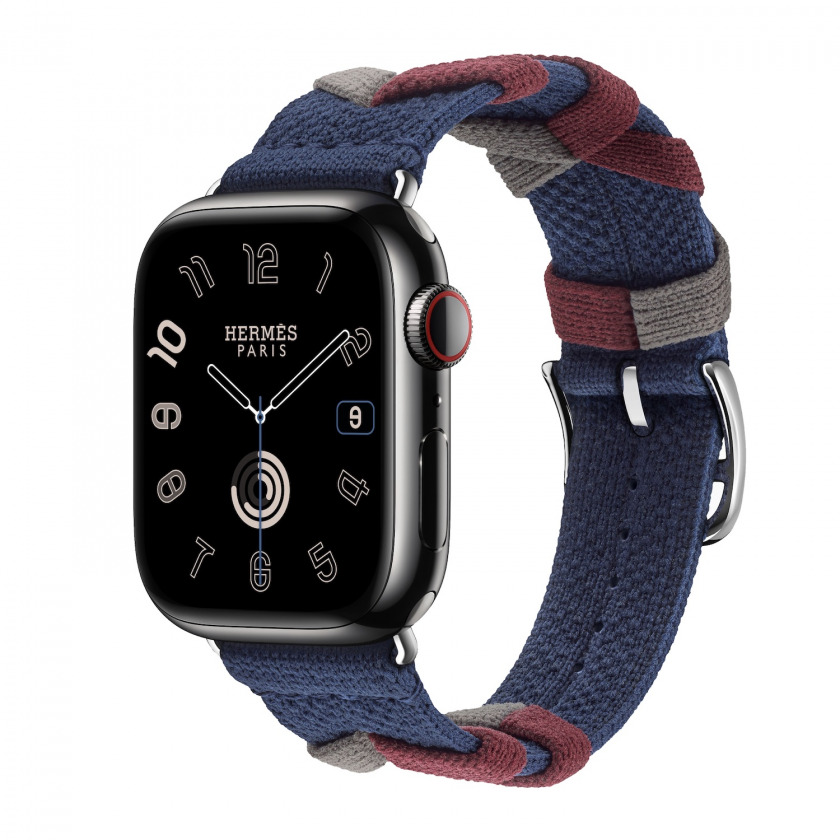 - Apple Watch Hermes Series 9 GPS + Cellular 41mm Space Black Stainless Steel Case with Bridon Single Tour Navy  /
