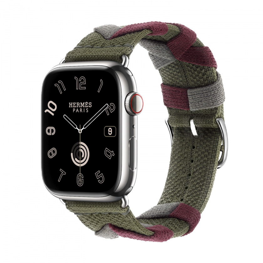 - Apple Watch Hermes Series 9 GPS + Cellular 45mm Silver Stainless Steel Case with Bridon Single Tour Kaki /