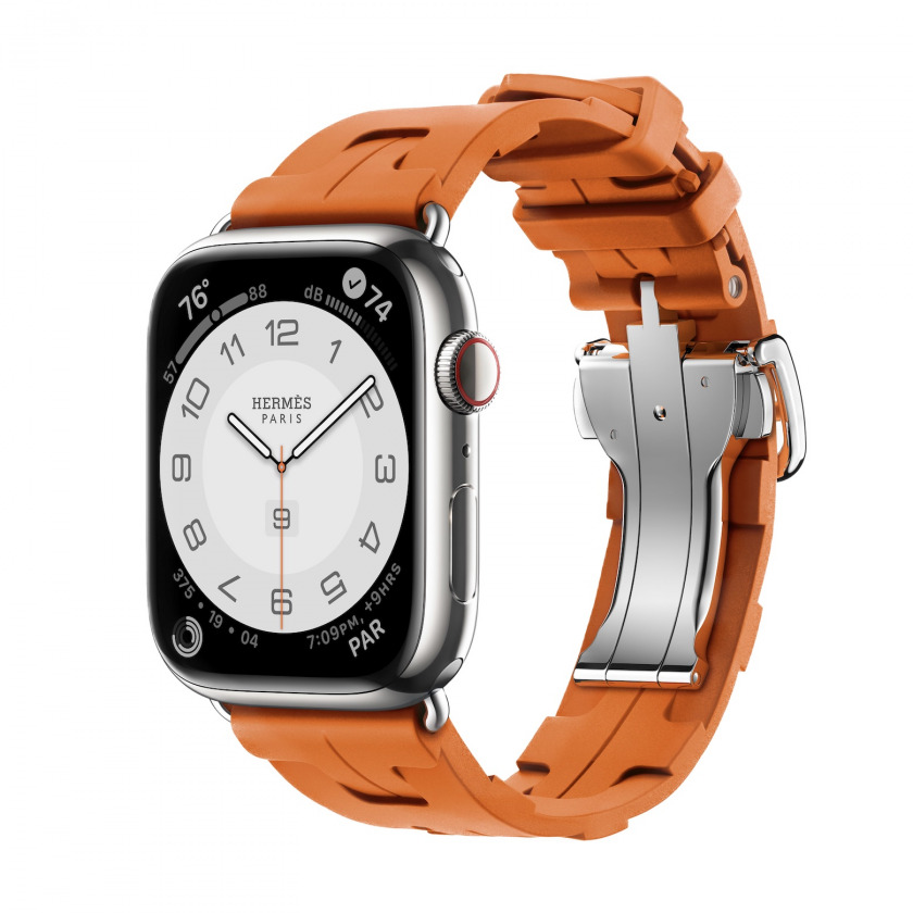- Apple Watch Hermes Series 9 GPS + Cellular 45mm Silver Stainless Steel Case with Kilim Single Tour Orange /