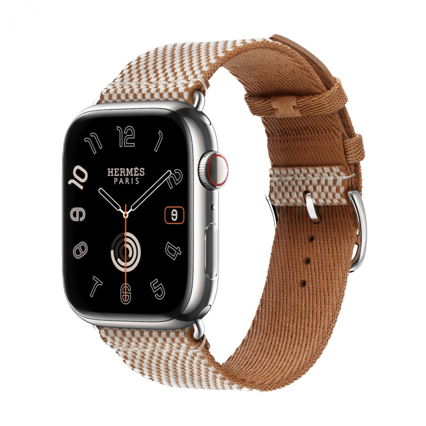 - Apple Watch Hermes Series 9 GPS + Cellular 45mm Silver Stainless Steel Case with Toile H Single Tour Gold/Ecru /