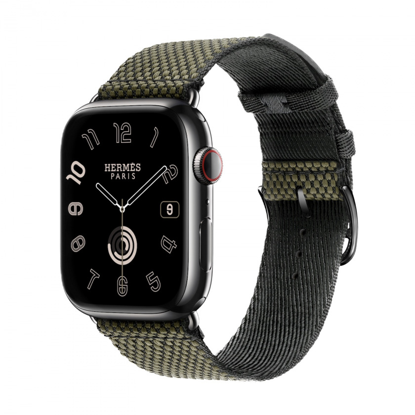 - Apple Watch Hermes Series 9 GPS + Cellular 45mm Space Black Stainless Steel Case with Toile H Single Tour Vert/Noir /