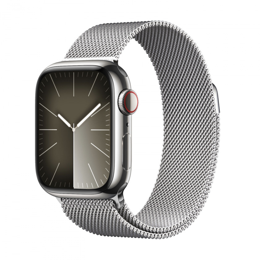 - Apple Watch Series 9 GPS + Cellular 45mm Silver Stainless Steel Case with Milanese Loop Silver 