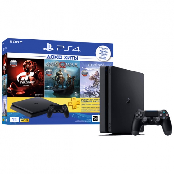 Игровая консоль Sony Playstation 4 Slim 1TБ HDD + Gran Turismo Sport + God Of War + Horizon Zero Dawn + PS Plus 3 месяца Black черная CUH-2208B