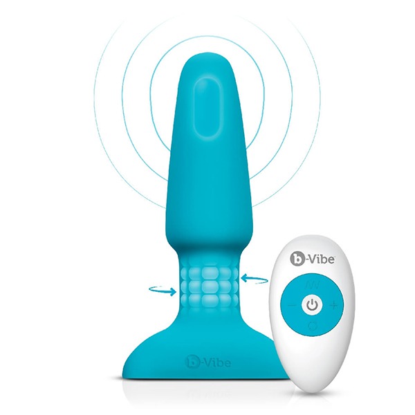 B-Vibe Анальная вибропробка с ротацией шариков Rimming Remote Control Plug 2 15.2 см. голубая