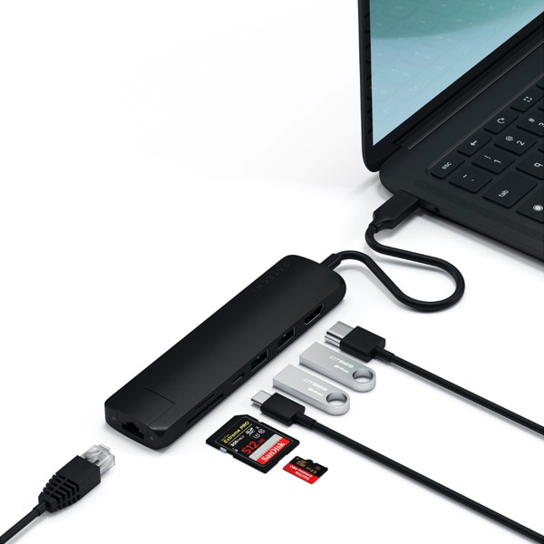 USB-C  Satechi USB-C Slim Multiport with Ethernet Adapter PD 2USB/1USB-C/1HDMI 4K 30Hz/1Ethernet Black  ST-UCSMA3K
