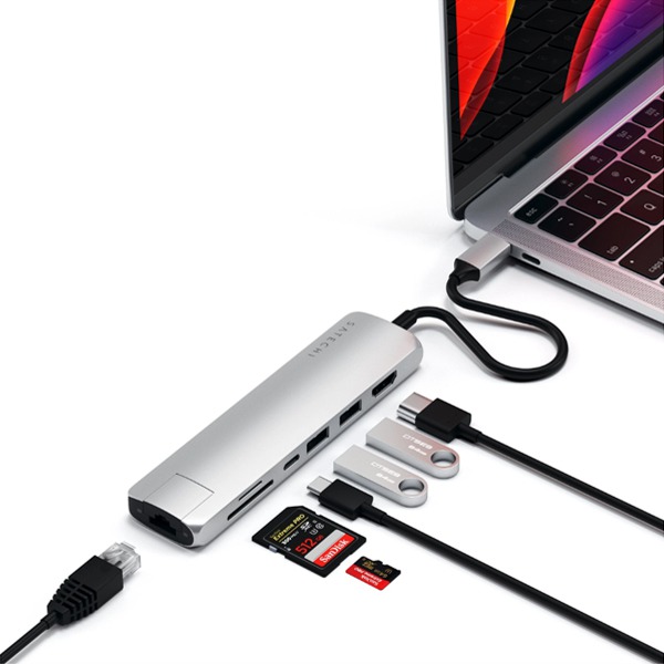 USB-C  Satechi USB-C Slim Multiport with Ethernet Adapter PD 2USB/1USB-C/1HDMI 4K 30Hz/1Ethernet Silver  ST-UCSMA3S
