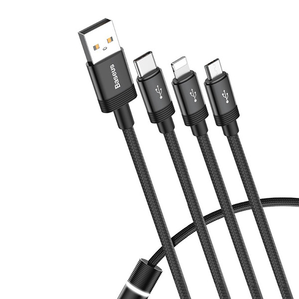 Нейлоновый кабель Baseus 3-in-1 Cable USB to USB-C/MicroUSB/Lightning 1,2 метра Black черный CAMLT-PY01
