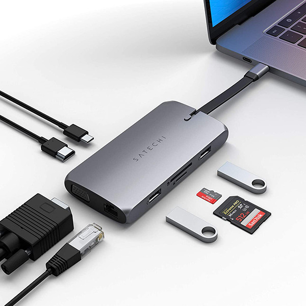 USB-C хаб Satechi USB-C On-The-Go Multiport Adapter 100W PD 2USB/2USB-C/1HDMI 4K 60Hz/1VGA/1Ethernet Space Gray тёмно-серый ST-UCMBAM