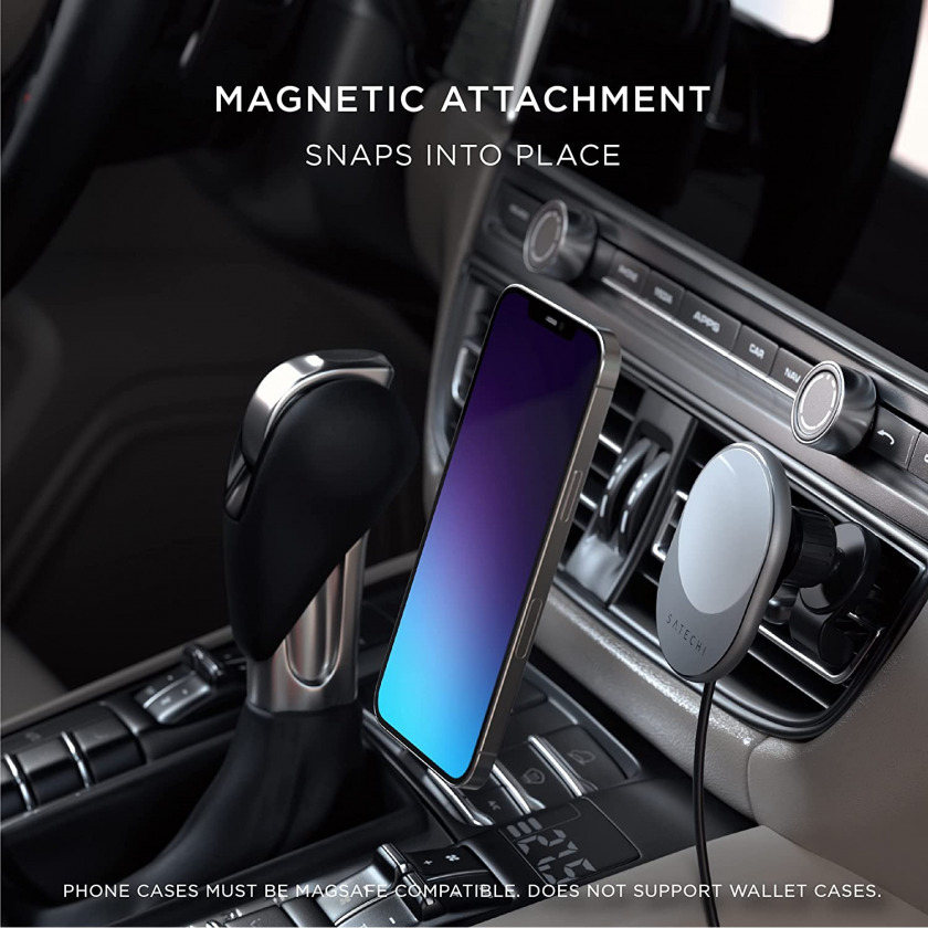 Автодержатель с беспроводным ЗУ Satechi Magnetic Wireless Car Charger Space Gray для iPhone c системой MagSafe ST-MCMWCM