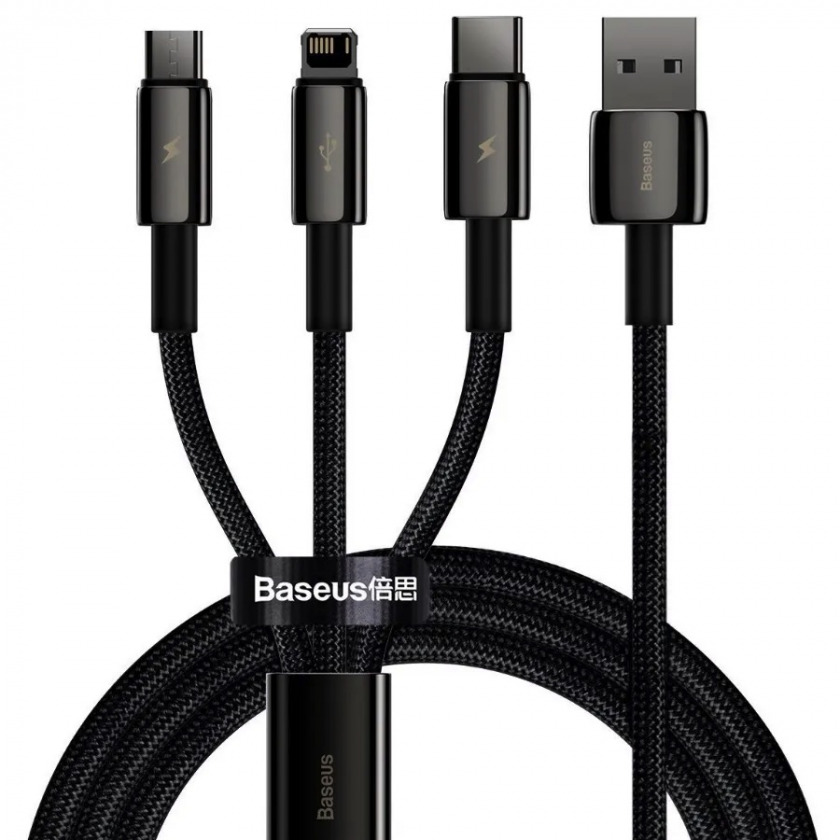 Нейлоновый кабель Baseus Tungsten Gold One-for-three Fast Charging Data Cable USB to USB-C/MicroUSB/Lightning 3.5A 1,5 метра Black черный CAMLTWJ-01