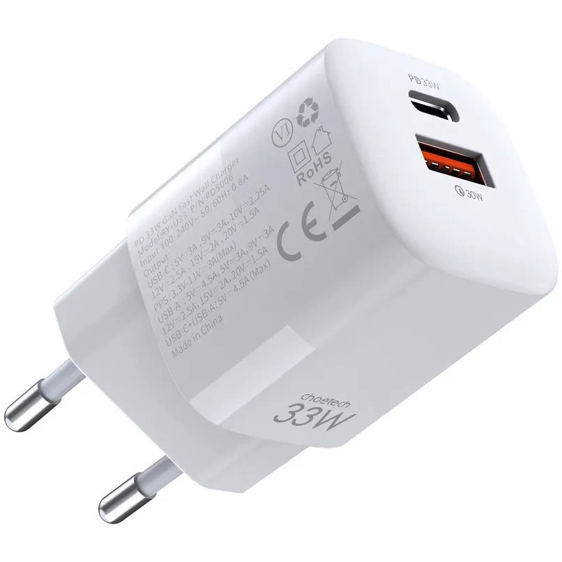 СЗУ Choetech USB-C Double port 33W GaN Wall Charger 3A/1USB/1USB-C White белое PD5006