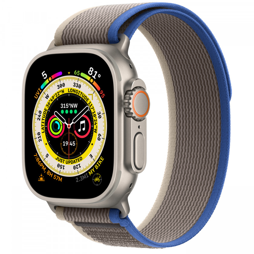 Смарт-часы Apple Watch Ultra GPS + Cellular 49mm Titanium Case with Blue/Gray Trail Loop M/L 145 - 220 mm титановый/синий/серый