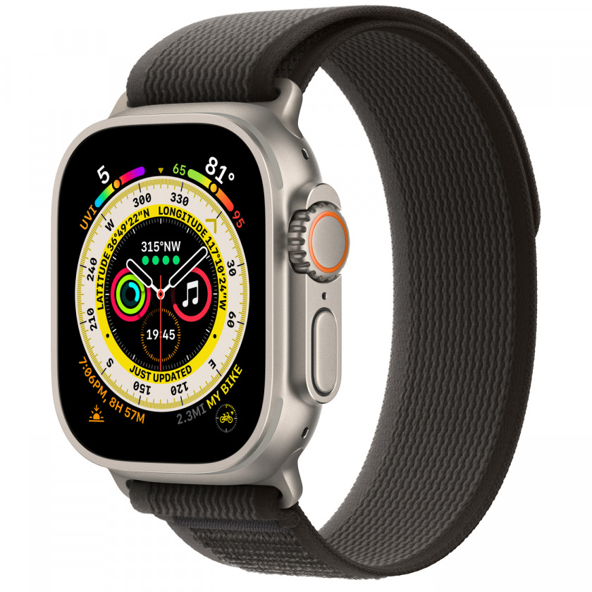 Смарт-часы Apple Watch Ultra GPS + Cellular 49mm Titanium Case with Black/Gray Trail Loop M/L 145 - 220 mm титановый/черный/серый MQF53