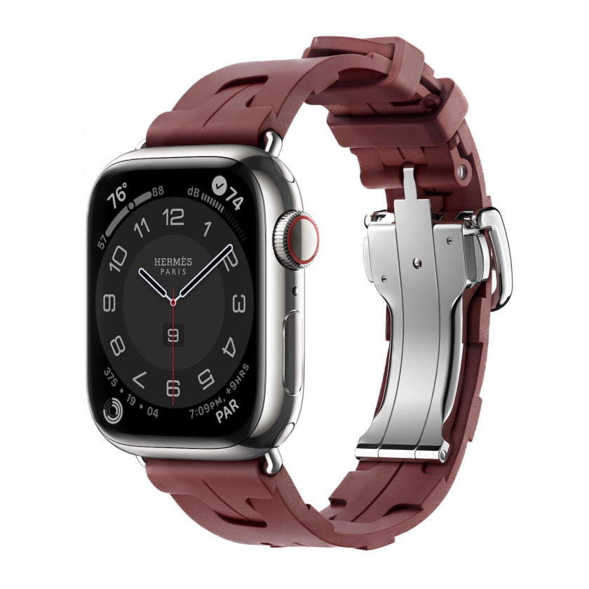 Смарт-часы Apple Watch Hermes Series 9 GPS + Cellular 41mm Silver Stainless Steel Case with Kilim Single Tour Rouge H стальной/бордовый 