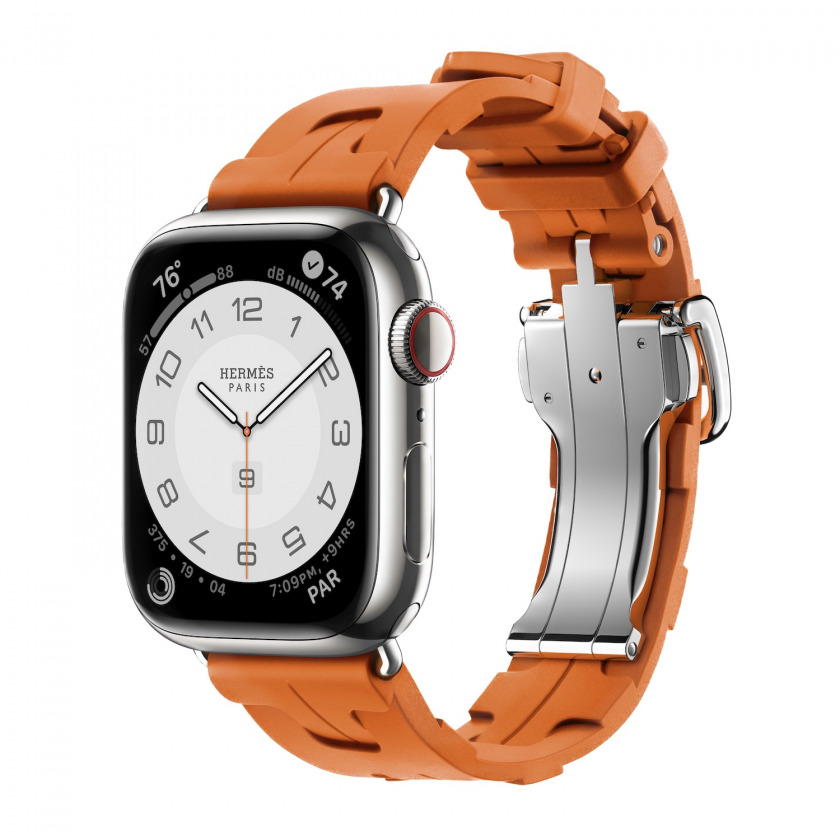 Смарт-часы Apple Watch Hermes Series 9 GPS + Cellular 41mm Silver Stainless Steel Case with Kilim Single Tour Orange стальной/оранжевый 