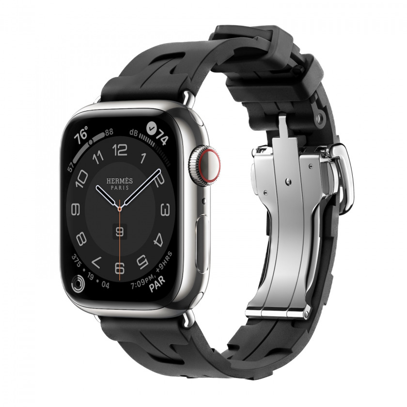 Смарт-часы Apple Watch Hermes Series 9 GPS + Cellular 41mm Silver Stainless Steel Case with Kilim Single Tour Noir стальной/черный