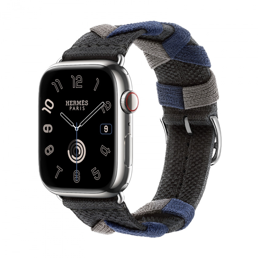 Смарт-часы Apple Watch Hermes Series 9 GPS + Cellular 45mm Silver Stainless Steel Case with Bridon Single Tour Noir серебристый/синий