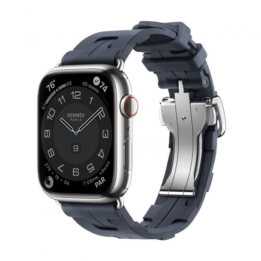 Смарт-часы Apple Watch Hermes Series 9 GPS + Cellular 45mm Silver Stainless Steel Case with Kilim Single Tour Navy серебристый/синий