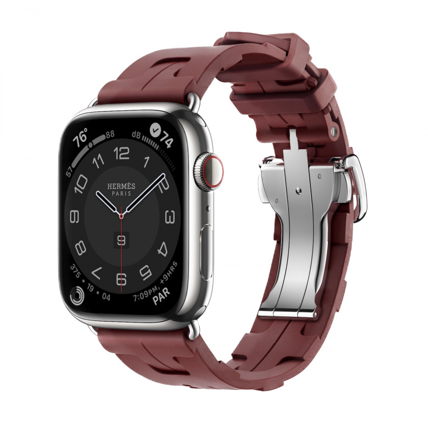Смарт-часы Apple Watch Hermes Series 9 GPS + Cellular 45mm Silver Stainless Steel Case with Kilim Single Tour Rouge H стальной/бордовый