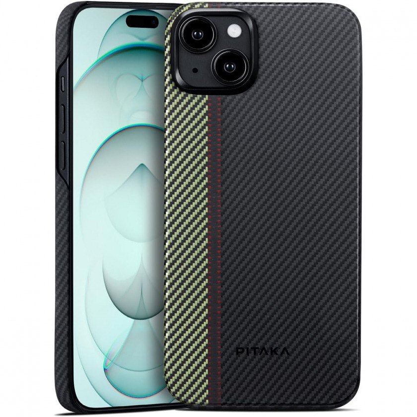 Чехол Pitaka Slim Fit Magnetic MagEZ Case 4 600D Overture для iPhone 15 черно-зеленый карбон MCI15-01300100