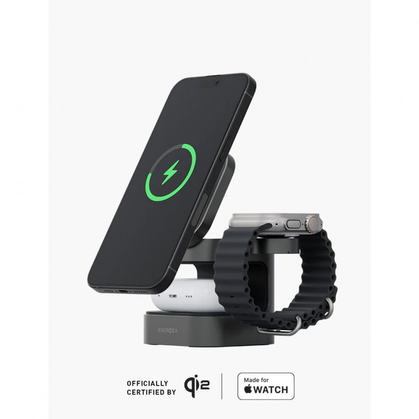   EnergEA MagCube Qi2 Certified 3-in-1 Wireless Charger Black  MAG-CUBE-GUN