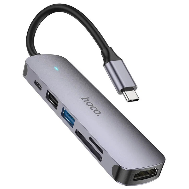 USB-C  Hoco Multifunction Adapter 6-in-1 2USB/1USB-C/HDMI/SD/microSD Grey  HB28