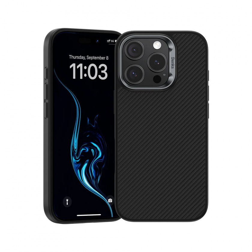 Усиленный чехол с защитой кнопки Benks ArmorPro Case built with Kevlar® 600D для iPhone 16 Pro Black  черный кевлар C.K.FL.AP.BK.D065