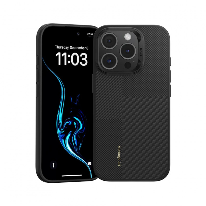 Усиленный чехол с защитой кнопки Benks Montage ArmorPro Case built with Kevlar® для iPhone 16 Pro черный кевлар (600D+1500D) C.K.FL.AP.BK.MF65