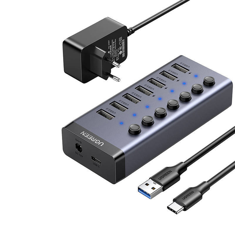 Док-станция/хаб с питанием UGREEN 7 in 1 USB-C to 7-Port USB-A 3.0 DC 12V black черный CM481 /90307 