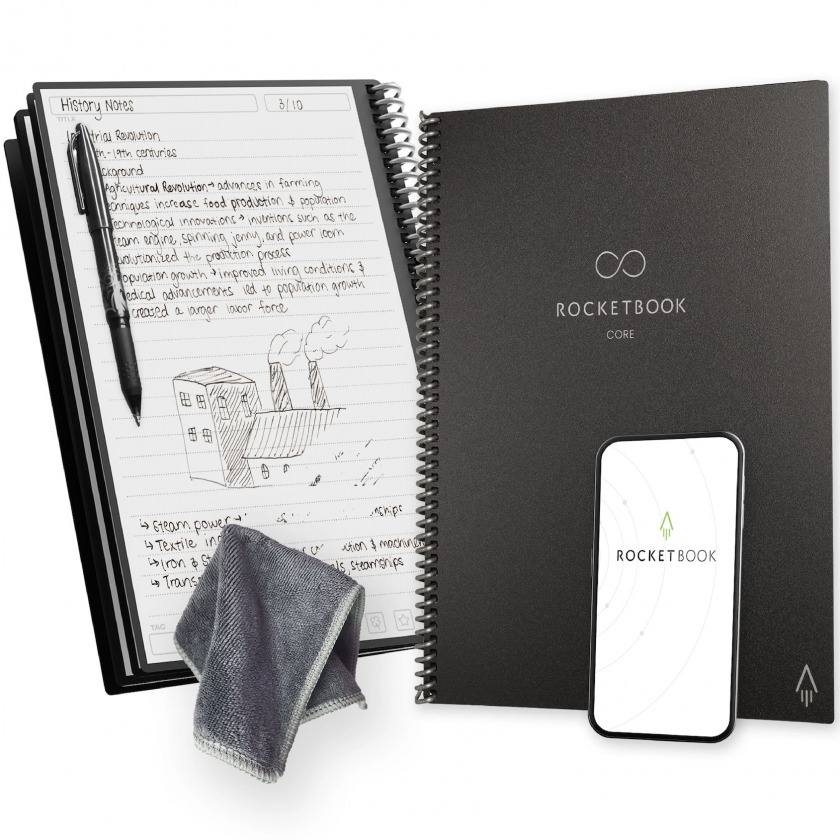   Rocketbook Core New 2025 Reusable Spiral Notebook Letter Size 8,5x11 A4 Lined Pages Black / CRLTLN-ENAM-BLK-01