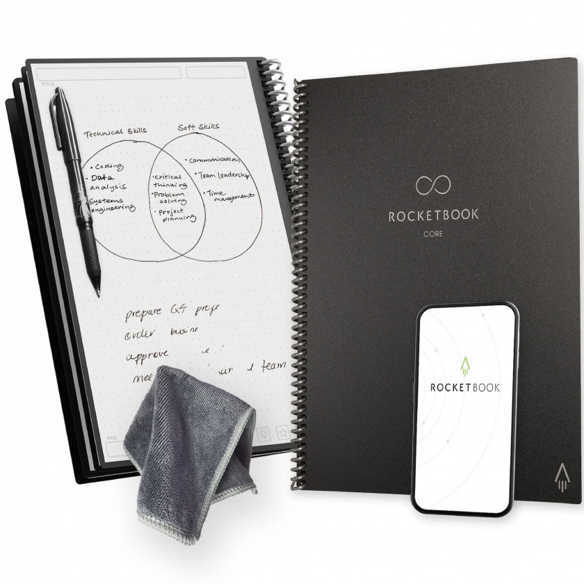   Rocketbook Core New 2025 Reusable Spiral Notebook Executive Size 6x8.8 A5 Dot Grid Pages Black / CREXDT-ENAM-BLK-01