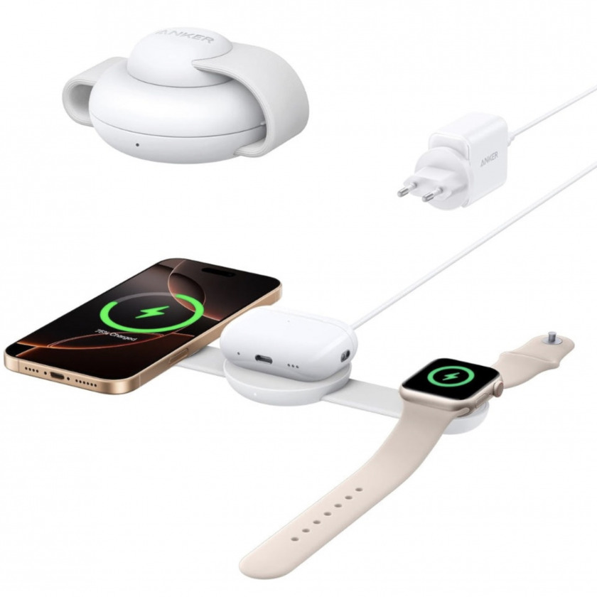  - Anker MagGo Wireless Charging Station 15W 3-in-1 Foldable Pad Aurora White  B25M8P21