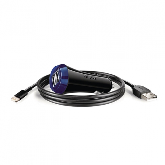АЗУ + Ligthing кабель Philips Ultra Fast Car Charger 2.1A/2USB Black черное dlp2257v/10